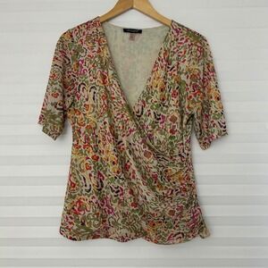 Cable & Gauge Womens L Faux Wrap Mesh Top Paisley Ruched V Neck Lined RN165979